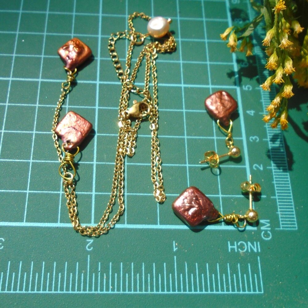 RARE Natural Keshi pearl Double dangle Necklace Stud earring set,  dangle pearls
